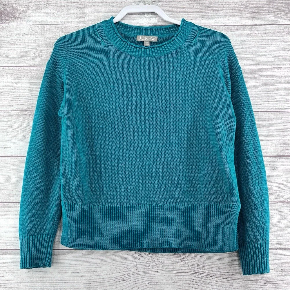 J‎ Crew Crewneck Pullover Crochet Linen Cotton Blend Sweater Teal Green Size XXS